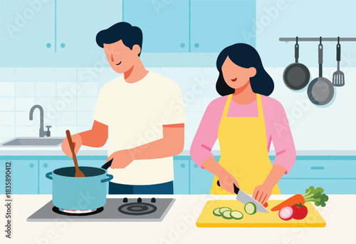 Illustration of a couple cooking together in a kitchen, one stirring a pot, the other chopping vegetables