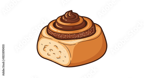 A freshly baked cinnamon roll with a rich cinnamon glaze, shown with a piece cut off to reveal the fluffy interior texture inside.