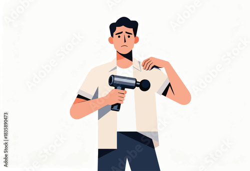 Illustration of a man holding a massage gun, looking distressed, touching his shoulder
