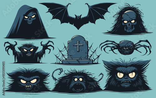 ハロウィンの夜を彩る不気味で可愛いモンスターキャラクターのベクターコレクション。死神、コウモリ、墓石、毛むくじゃらの生き物など、多彩な要素が詰まったセット。