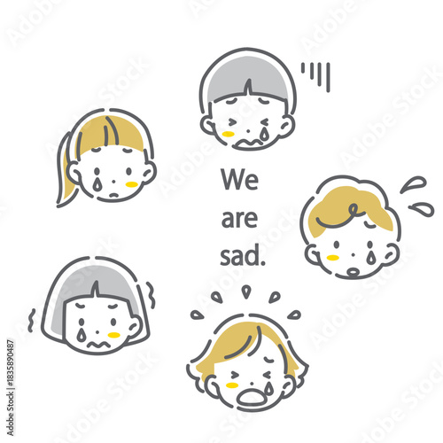 子供たちの表情セット　泣く　かわいくてお洒落な線画イラスト