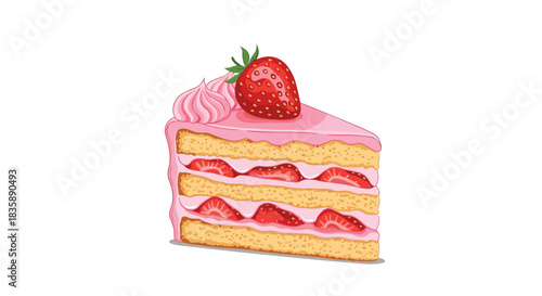 A delectable slice of layered strawberry shortcake with pink cream frosting and a fresh whole strawberry on top, isolated on a white background.