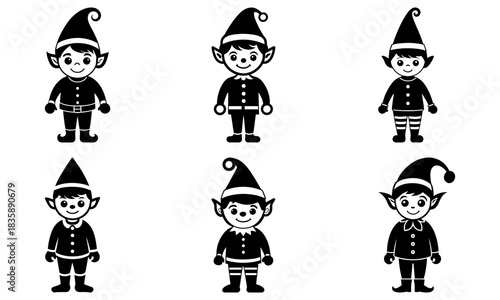 Illustration of six cartoon elves wearing hats and outfits in black and white vector format image
