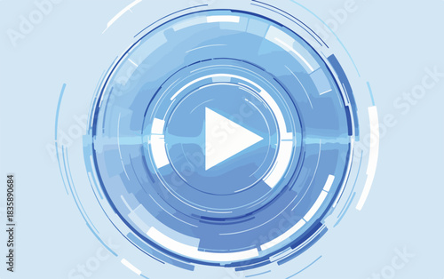 青い光を放つ未来的なベクター再生ボタンのデジタルインターフェースデザインは、情報技術、ストリーミング、そしてグローバルな接続性を象徴するモダンな背景です。