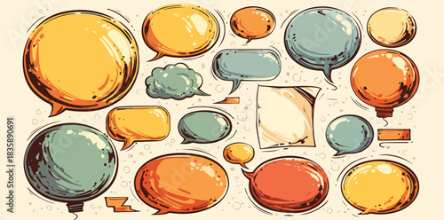 様々な形と色の手描き風吹き出しとコメントアイコンのベクターイラストセット。会話、思考、アイデア、コミュニケーションの表現に最適なグラフィック素材。