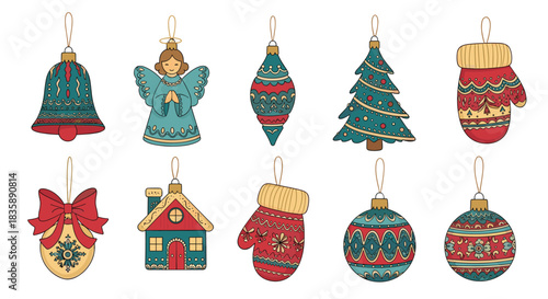 Set of vintage hand-drawn Christmas tree ornaments, including a bell, angel, baubles, and mittens with intricate folk patterns.