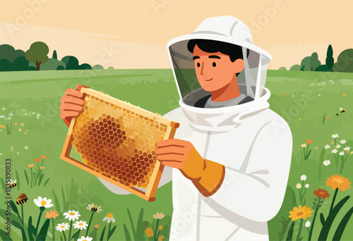 A beekeeper in protective gear examines a honeycomb frame in a meadow, surrounded by flowers and bees