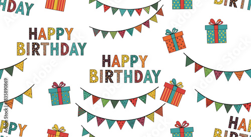 Seamless birthday pattern with colorful "Happy Birthday" text, festive bunting flags, and gift boxes on a clean white background.