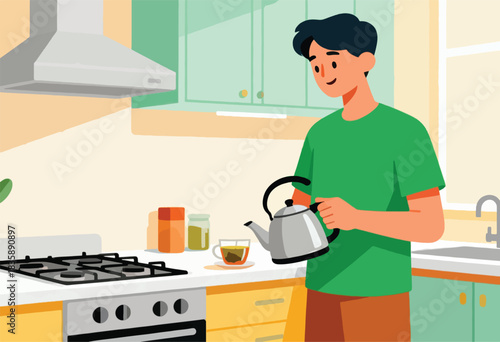 A person in a green shirt is preparing tea in a cozy kitchen with a stovetop, tea cup, and tea kettle