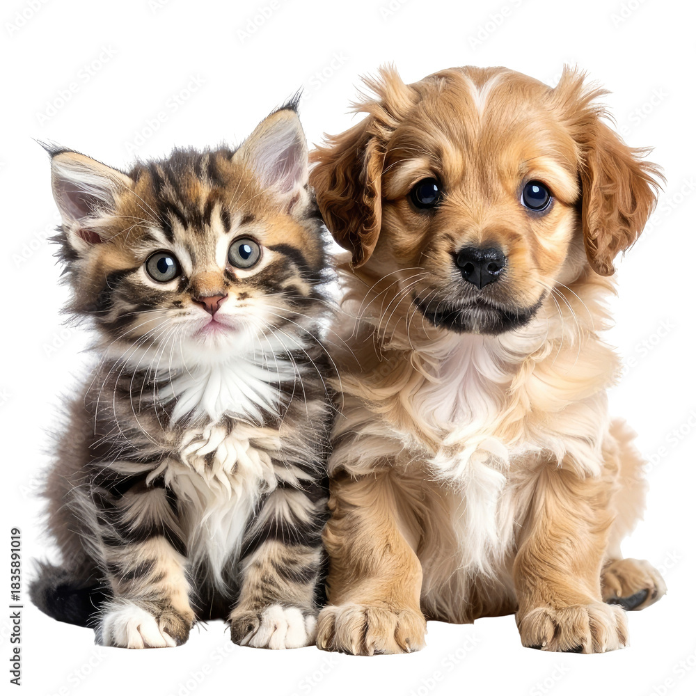 Fototapeta premium Kitten and puppy looking at viewer, dark background, isolated