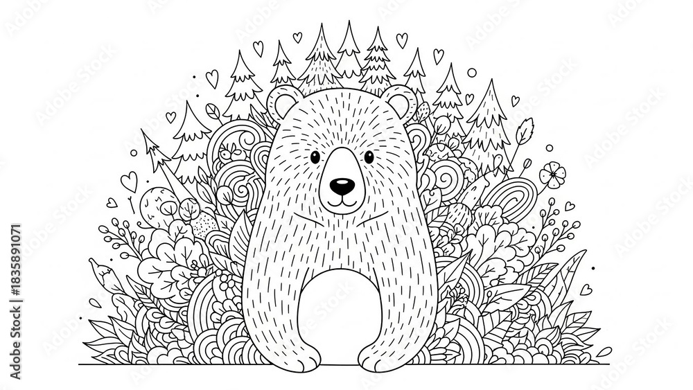 Fototapeta premium A cute, hand-drawn bear in a whimsical forest, presented as a detailed black and white coloring book page.