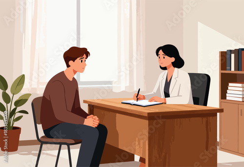 Illustration of a therapy session. A man sits across from a woman therapist, talking. Plants and a bookcase are in background