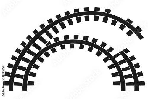 Black and white illustration of curved train tracks on white