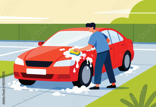 An illustration shows a person washing a red car with a sponge and soapy foam. The scene includes green grass and a sky