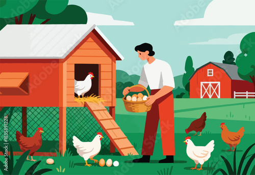 A farmer collecting eggs from a chicken coop, with chickens in a barnyard setting