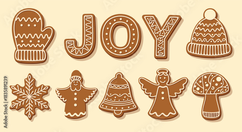 A cute set of Christmas gingerbread cookies shaped like the word JOY, a mitten, hat, angel, and other festive holiday symbols.