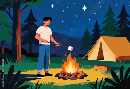 A person roasts a marshmallow over a campfire at night while camping in a forest with a tent in the background