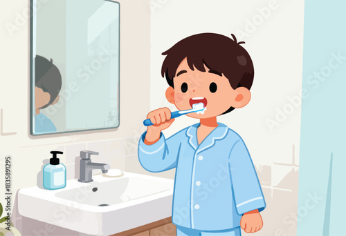 An illustration shows a young child in blue pajamas brushing teeth in the bathroom, using a toothbrush
