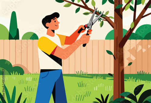 A person with short hair, yellow shirt and blue pants, prunes a tree with shears in a backyard