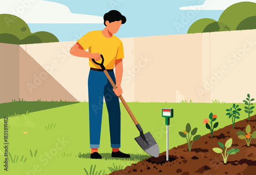 A person in a yellow shirt and blue jeans digs in a garden with a shovel next to a plant