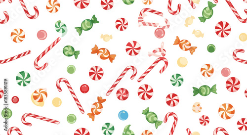 Christmas seamless pattern with a variety of festive sweets including candy canes, wrapped candies, and peppermints on a white background.