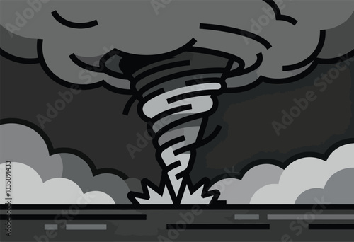 A grayscale illustration of a tornado, touching down amid a stormy sky. Dark clouds surround