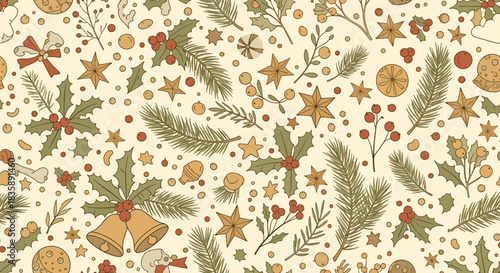 Vintage-style seamless Christmas pattern with hand-drawn holly, pine branches, bells, and stars on a creamy beige background.