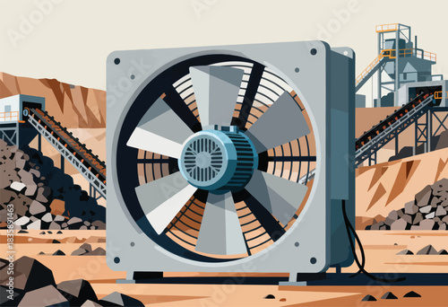 An industrial fan dominates the scene at a mining operation. Conveyor belts and rock piles fill the background