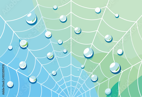 Abstract illustration depicting a stylized spider web with water droplets against a gradient blue and green backdrop