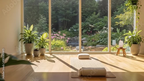 Serene yoga studio with natural light, plants, and a tranquil garden view in the background