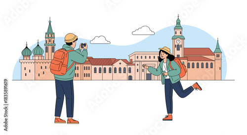 A young couple of tourists with backpacks exploring a historic European city, with one person taking a photo of the other.