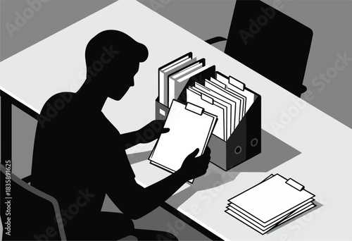 A grayscale illustration depicts a silhouetted person reviewing documents on a desk, organized in a file box