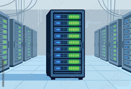 A server room illustration, with a large server cabinet central, surrounded by other servers, cabling, and floor tiles