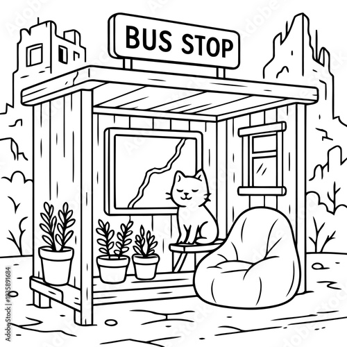 Bus Stop with A Curious Cat: A charming line art illustration of a bus stop, featuring a friendly cat lounging peacefully, offering a delightful and whimsical scene.