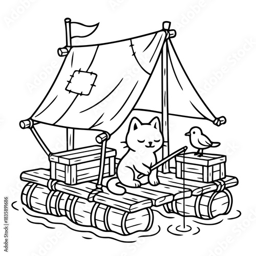 Cat's Raft Adventure: A whimsical illustration depicts a curious cat setting sail on a handmade raft, accompanied by a little bird and sailing. The drawing style is simple, line-art.