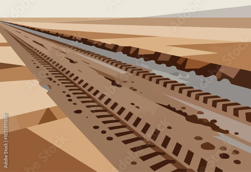 An abstract illustration of a muddy road with tire tracks alongside a water-filled trench