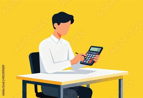 A flat illustration of a person with dark hair using a calculator while seated at a desk. The background is yellow