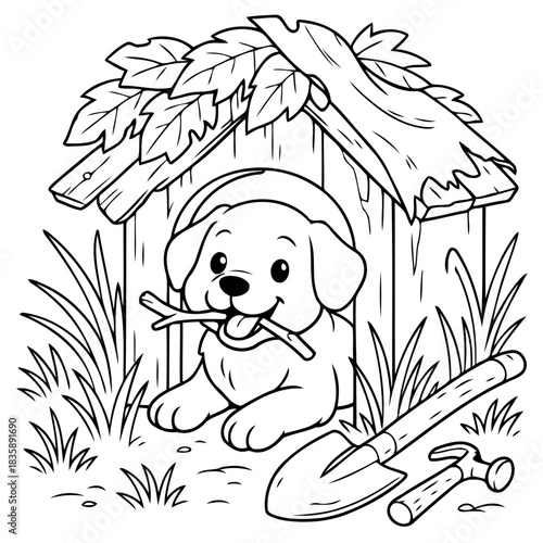 Playful Pup's Abode: A charming illustration shows a happy pup settled in its cozy doghouse, a stick in its mouth, surrounded by tools and playful greenery.