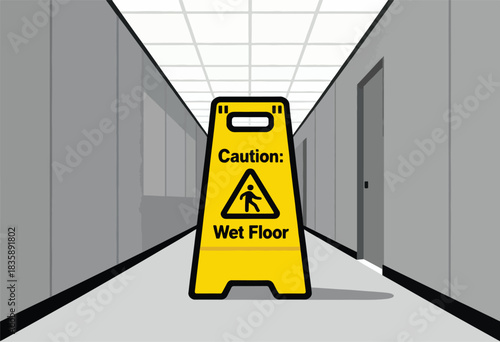 Illustration of a yellow "Wet Floor" sign in a hallway. The sign is in focus, the hallway is blurred