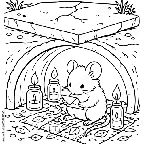 Whimsical Mouse with Candlelight: A delightful illustration showcases a tiny mouse reading a letter within a cozy, candlelit dwelling, enveloped by autumn leaves and a sense of warmth.