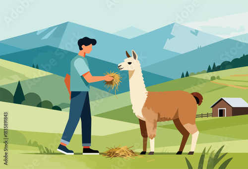 A farmer feeds a llama in a scenic countryside, with mountains, fields, and a barn