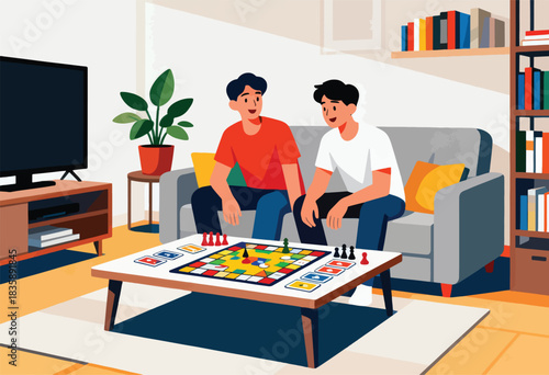 Two friends are in a cozy living room, playing a board game on a low table. The atmosphere is warm and friendly