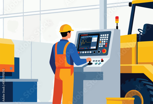 An operator in safety gear monitors a screen, near machinery. A heavy machine and control panel are visible