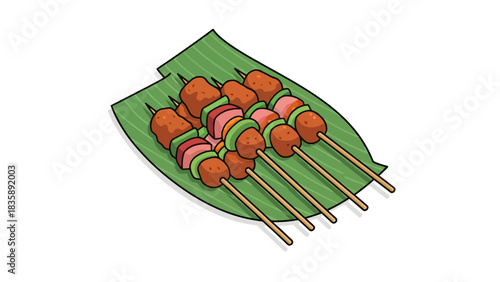 Delicious Skewered Meat and Vegetable Bites on Green Leaf, Sate illustration Indonesian food