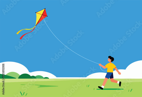 A child flies a colorful kite on a bright day in the park, with rolling green hills in the distance