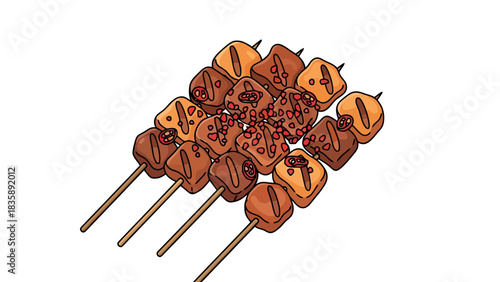 Delicious Skewered Food Bites with Savory Toppings Grilled and Ready to Eat