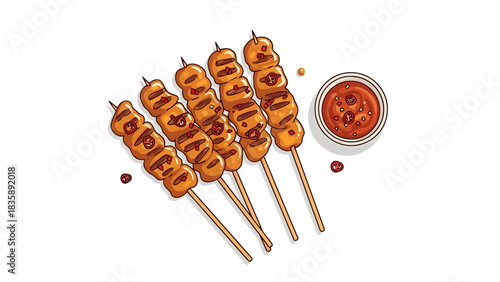 Delicious Grilled Skewers with Savory Peanut Sauce Appetizer Food Illustration