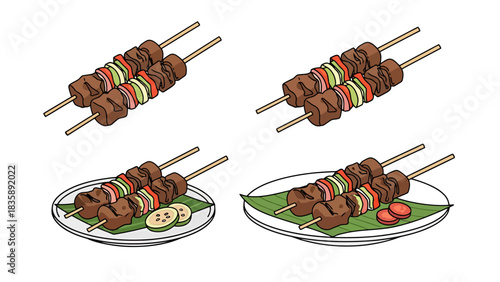 Grilled Meat Skewers With Fresh Vegetables on Plates Illustration, Sate illustration Indonesian food