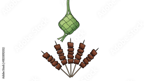 Delicious Meat Skewers and Traditional Rice Pouch Illustration