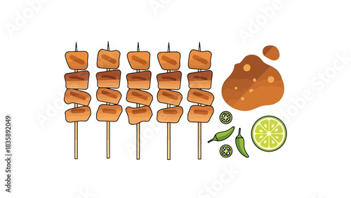 Delicious Grilled Meat Skewers with Spicy Dipping Sauce and Lime